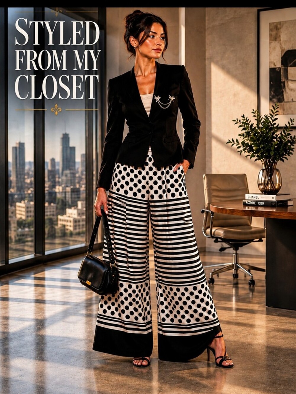 Polka Dot Black White Striped Palazzo Wide Pants Leg Eclectic Statement Piece - Picture 4 of 15